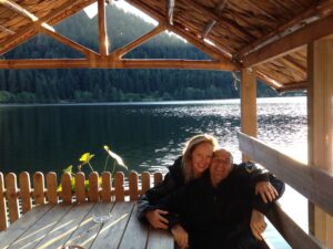 My husband and I blissing out at the beautiful Lac de Longemar in The Vosges mountains.